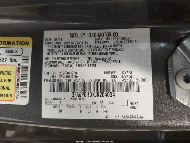 2018 Ford Fusion Se მანქანა იყიდება აუქციონზე, vin: 3FA6P0HDXJR204034, აუქციონის ნომერი: 45217054