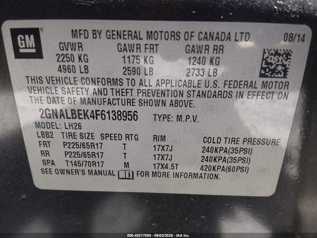 Aukcja sprzedaży 2015 Chevrolet Equinox 1lt, vin: 2GNALBEK4F6138956, numer aukcji: 45217055