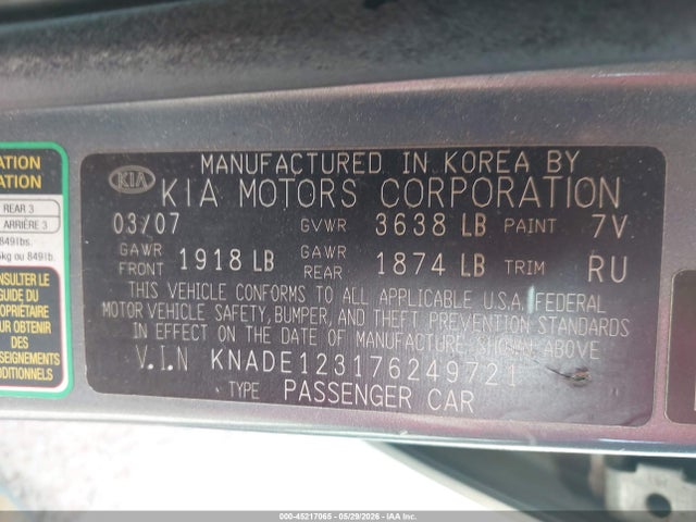 Продажа на аукционе авто 2007 Kia Rio Lx, vin: KNADE123176249721, номер лота: 45217065