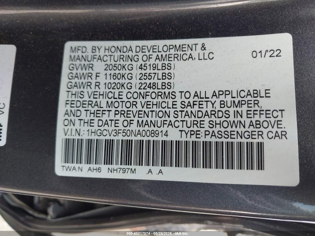 1HGCV3F50NA008914 Honda Accord Hybrid Ex-l