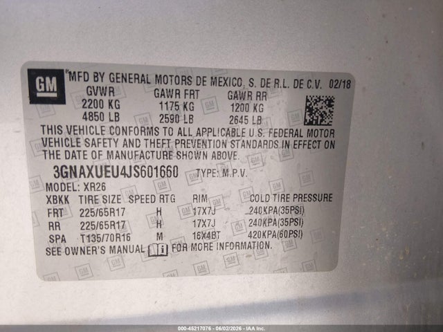 2018 Chevrolet Equinox Lt მანქანა იყიდება აუქციონზე, vin: 3GNAXUEU4JS601660, აუქციონის ნომერი: 45217076
