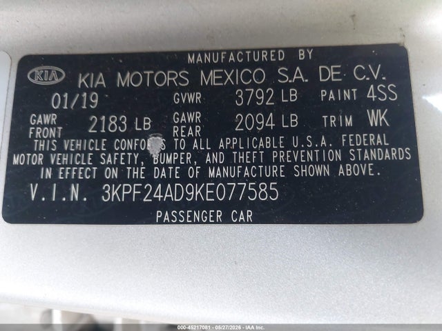 Продаж на аукціоні авто 2019 Kia Forte Lxs, vin: 3KPF24AD9KE077585, номер лоту: 45217081
