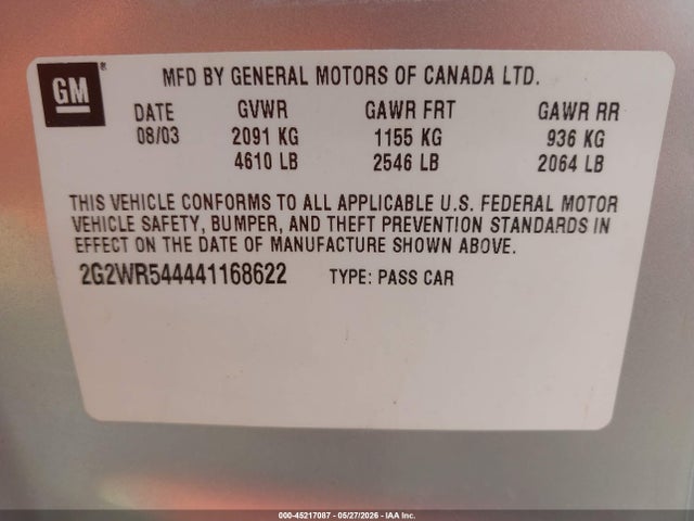 Aukcja sprzedaży 2004 Pontiac Grand Prix Gtp, vin: 2G2WR544441168622, numer aukcji: 45217087