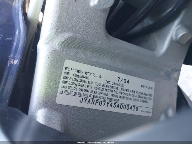 Продажа на аукционе авто 2005 Yamaha Fjr1300, vin: JYARP07Y45A000479, номер лота: 45217089
