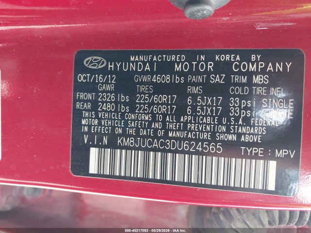 Продаж на аукціоні авто 2013 Hyundai Tucson Gls, vin: KM8JUCAC3DU624565, номер лоту: 45217092