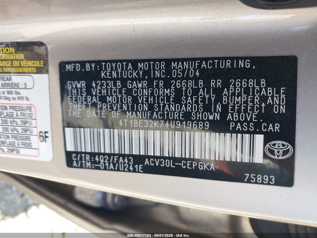 Продажа на аукционе авто 2004 Toyota Camry Xle, vin: 4T1BE32K74U919689, номер лота: 45217103