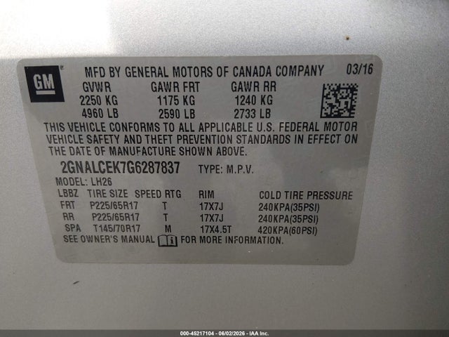 Aukcja sprzedaży 2016 Chevrolet Equinox Lt, vin: 2GNALCEK7G6287837, numer aukcji: 45217104