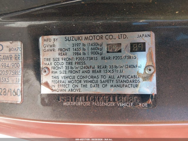 1989 Suzuki Sidekick Jx/jlx მანქანა იყიდება აუქციონზე, vin: JS3TA01CXK4118086, აუქციონის ნომერი: 45217109