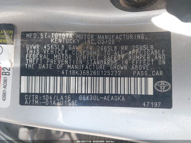 45217118 :رقم المزاد ، 4T1BK36B26U125222 vin ، 2006 Toyota Avalon Xls مزاد بيع