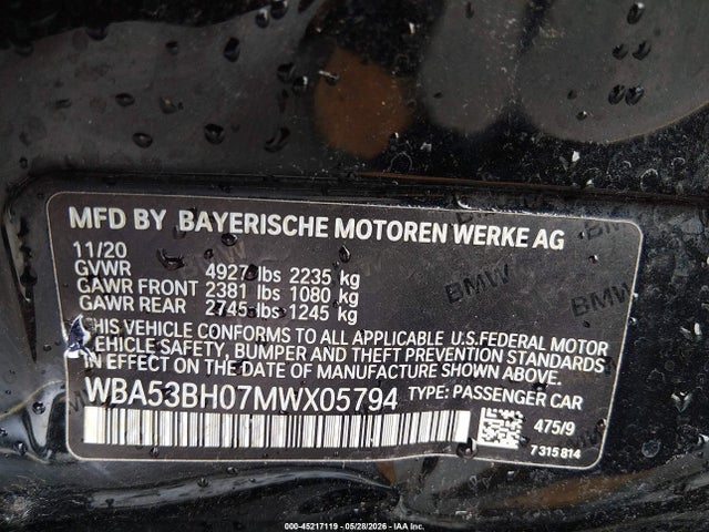 Aukcja sprzedaży 2021 Bmw 530i, vin: WBA53BH07MWX05794, numer aukcji: 45217119