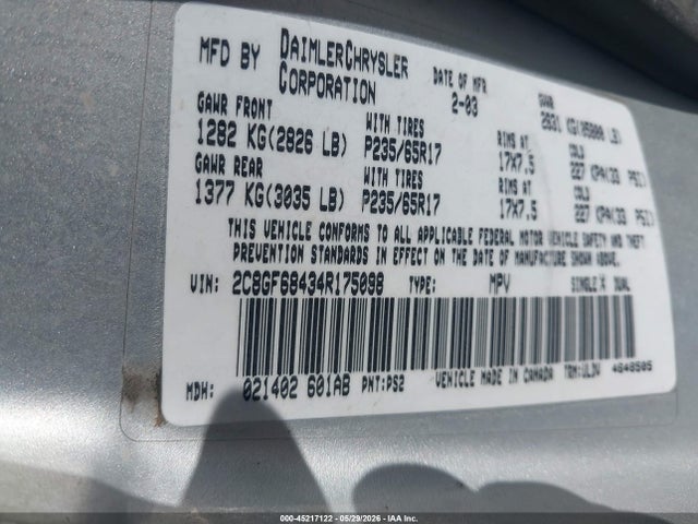 Продаж на аукціоні авто 2004 Chrysler Pacifica, vin: 2C8GF68434R175098, номер лоту: 45217122
