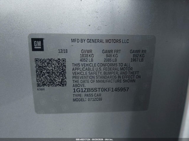 2019 Chevrolet Malibu 1ls მანქანა იყიდება აუქციონზე, vin: 1G1ZB5ST0KF145957, აუქციონის ნომერი: 45217124