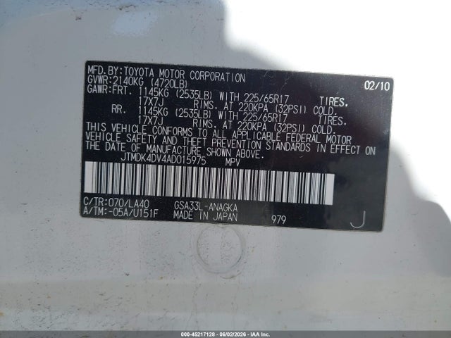 Продаж на аукціоні авто 2010 Toyota Rav4 Limited V6, vin: JTMDK4DV4AD015975, номер лоту: 45217128