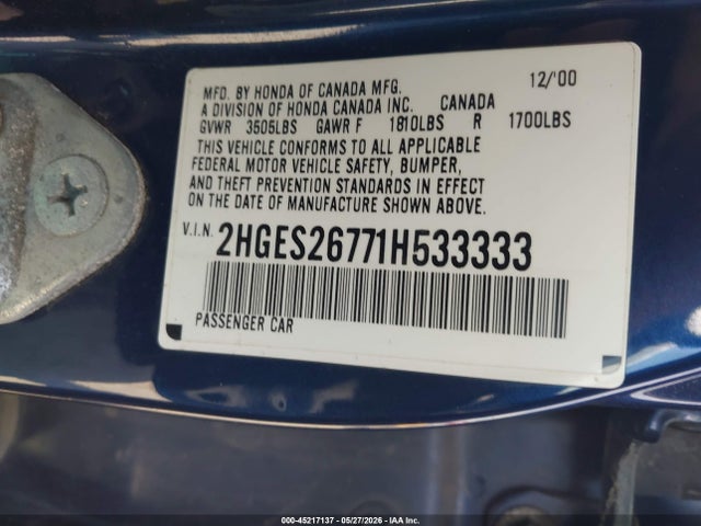 Aukcja sprzedaży 2001 Honda Civic Ex, vin: 2HGES26771H533333, numer aukcji: 45217137