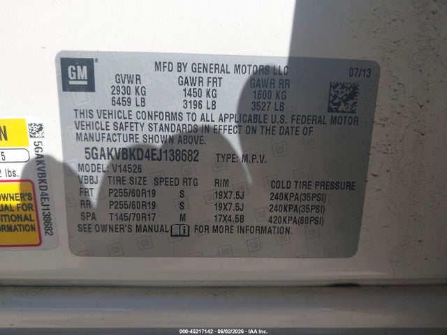 45217142 :رقم المزاد ، 5GAKVBKD4EJ138682 vin ، 2014 Buick Enclave Leather مزاد بيع
