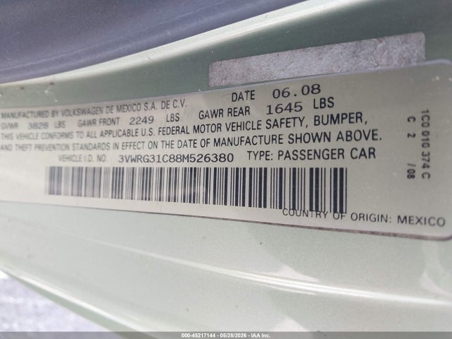 Aukcja sprzedaży 2008 Volkswagen New Beetle S/se, vin: 3VWRG31C88M526380, numer aukcji: 45217144