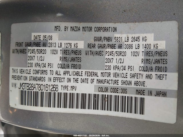 45217151 :رقم المزاد ، JM3TB28A780161268 vin ، 2008 Mazda Cx-9 Grand Touring مزاد بيع