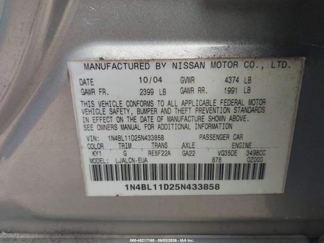 Aukcja sprzedaży 2005 Nissan Altima 3.5 Se, vin: 1N4BL11D25N433858, numer aukcji: 45217169