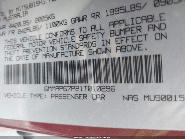 45217179 :رقم المزاد ، 6MMAP67P21T010296 vin ، 2001 Mitsubishi Diamante Ls مزاد بيع