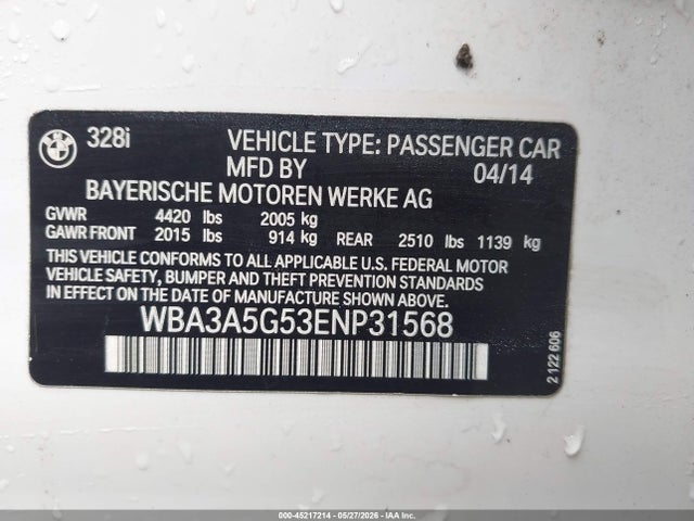 2014 Bmw 328i მანქანა იყიდება აუქციონზე, vin: WBA3A5G53ENP31568, აუქციონის ნომერი: 45217214