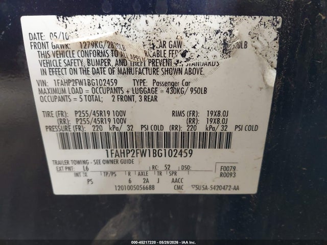Aukcja sprzedaży 2011 Ford Taurus Limited, vin: 1FAHP2FW1BG102459, numer aukcji: 45217220