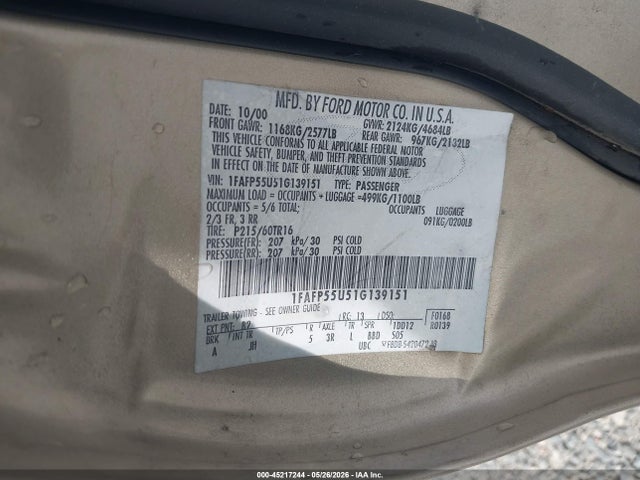 45217244 :رقم المزاد ، 1FAFP55U51G139151 vin ، 2001 Ford Taurus Ses مزاد بيع
