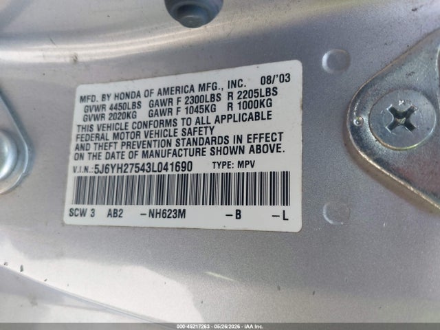 45217263 :رقم المزاد ، 5J6YH27543L041690 vin ، 2003 Honda Element Ex مزاد بيع
