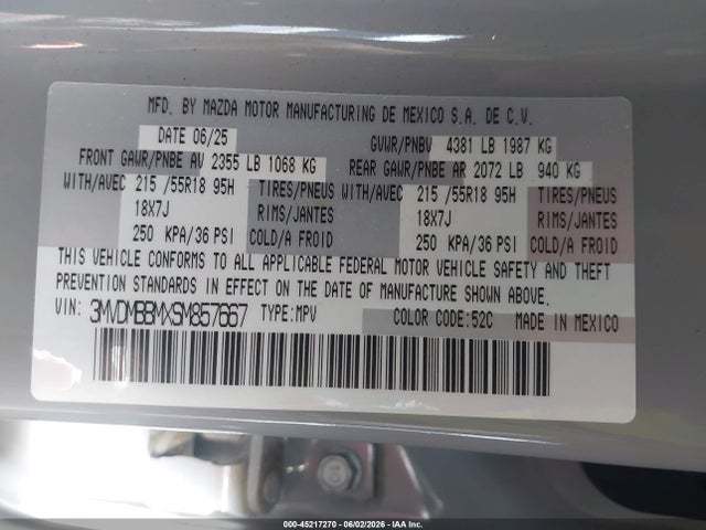 45217270 :رقم المزاد ، 3MVDMBBMXSM857667 vin ، 2025 Mazda Cx-30 2.5 S Select Sport مزاد بيع