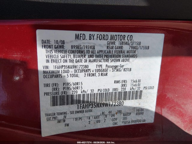 Продажа на аукционе авто 2009 Ford Focus Se, vin: 1FAHP35NX9W172380, номер лота: 45217274