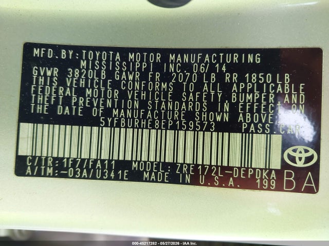 Продажа на аукционе авто 2014 Toyota Corolla L, vin: 5YFBURHE8EP159573, номер лота: 45217282