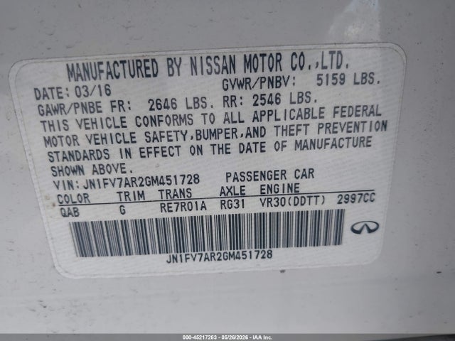 Aukcja sprzedaży 2016 Infiniti Q50 3.0t Red Sport 400, vin: JN1FV7AR2GM451728, numer aukcji: 45217283