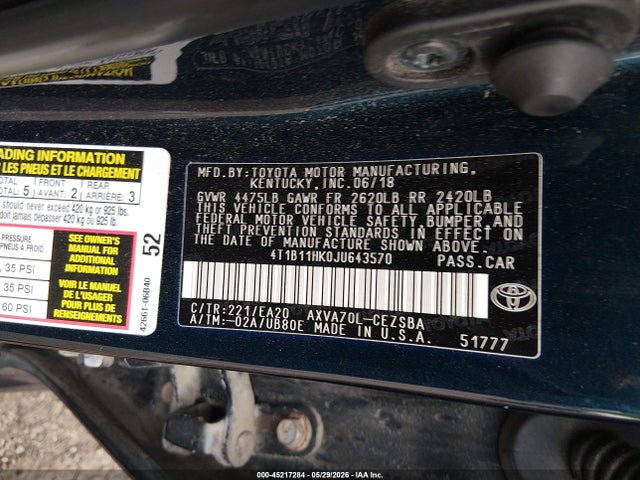 Aukcja sprzedaży 2018 Toyota Camry Se, vin: 4T1B11HK0JU643570, numer aukcji: 45217284