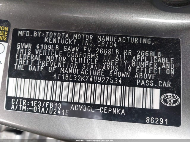 2004 Toyota Camry Le მანქანა იყიდება აუქციონზე, vin: 4T1BE32K74U927534, აუქციონის ნომერი: 45217295