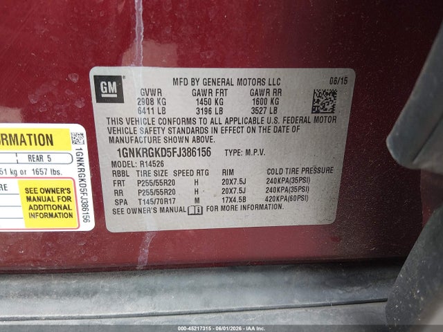 45217315 :رقم المزاد ، 1GNKRGKD5FJ386156 vin ، 2015 Chevrolet Traverse 1lt مزاد بيع