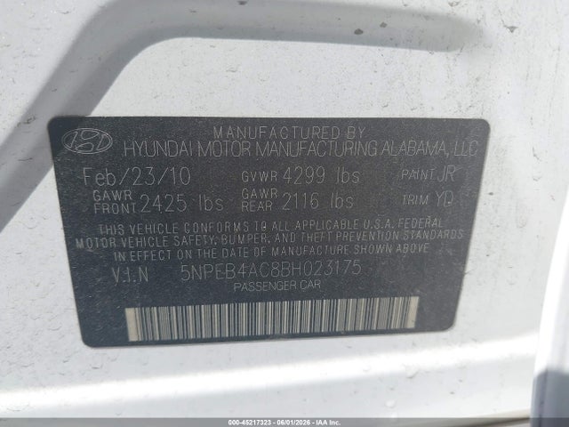 2011 Hyundai Sonata Gls მანქანა იყიდება აუქციონზე, vin: 5NPEB4AC8BH023175, აუქციონის ნომერი: 45217323