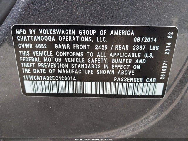Aukcja sprzedaży 2014 Volkswagen Passat 2.0l Tdi Sel Premium, vin: 1VWCN7A32EC120014, numer aukcji: 45217335