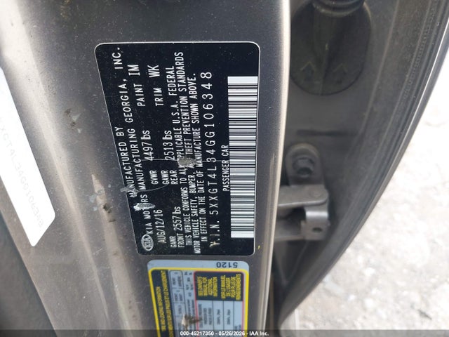 45217350 :رقم المزاد ، 5XXGT4L34GG106348 vin ، 2016 Kia Optima Lx مزاد بيع