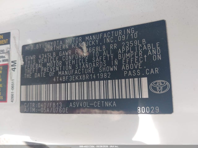 2011 Toyota Camry Le მანქანა იყიდება აუქციონზე, vin: 4T4BF3EKXBR141982, აუქციონის ნომერი: 45217354
