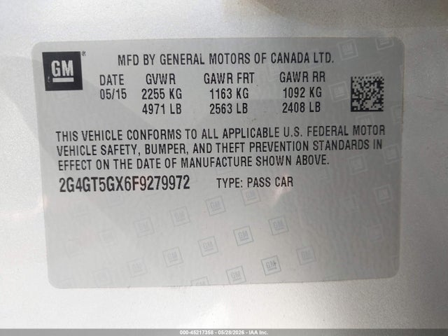 45217358 :رقم المزاد ، 2G4GT5GX6F9279972 vin ، 2015 Buick Regal Gs مزاد بيع