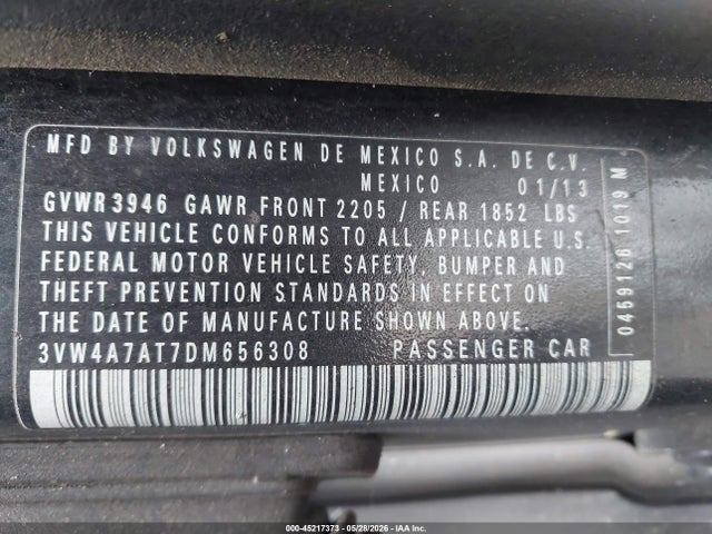 45217373 :رقم المزاد ، 3VW4A7AT7DM656308 vin ، 2013 Volkswagen Beetle 2.0t Fender Edition مزاد بيع