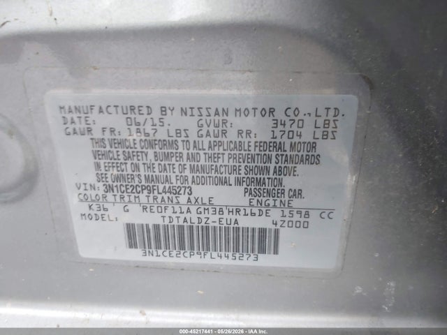 Продаж на аукціоні авто 2015 Nissan Versa Note Sv, vin: 3N1CE2CP9FL445273, номер лоту: 45217441
