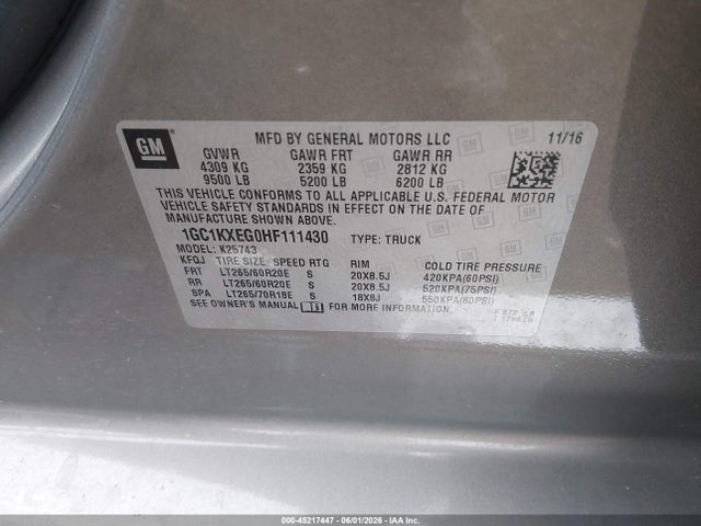 45217447 :رقم المزاد ، 1GC1KXEG0HF111430 vin ، 2017 Chevrolet Silverado 2500hd High Country مزاد بيع
