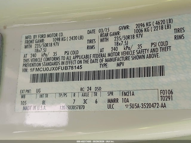 45217450 :رقم المزاد ، 1FMCU0JX0FUB78145 vin ، 2015 Ford Escape Titanium مزاد بيع