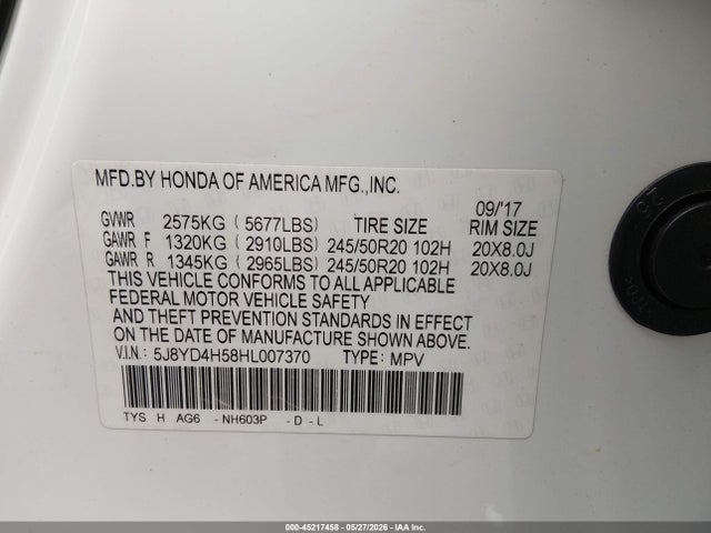 Auction sale of the 2017 Acura Mdx Technology Package, vin: 5J8YD4H58HL007370, lot number: 45217458