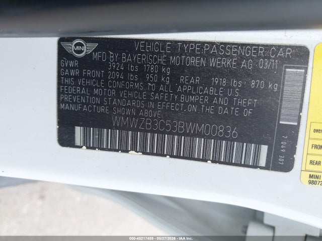 Продаж на аукціоні авто 2011 Mini Cooper Countryman, vin: WMWZB3C53BWM00836, номер лоту: 45217459