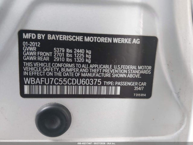 Aukcja sprzedaży 2012 Bmw 535i Xdrive, vin: WBAFU7C55CDU60375, numer aukcji: 45217467