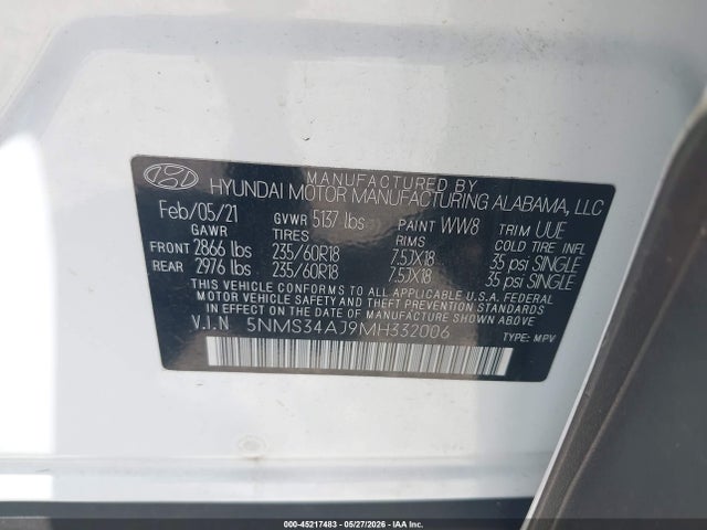 Aukcja sprzedaży 2021 Hyundai Santa Fe Sel, vin: 5NMS34AJ9MH332006, numer aukcji: 45217483