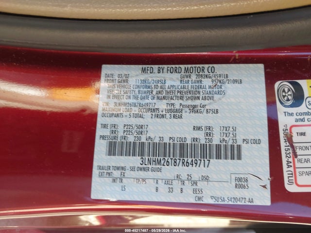 45217487 :رقم المزاد ، 3LNHM26T87R649717 vin ، 2007 Lincoln Mkz مزاد بيع