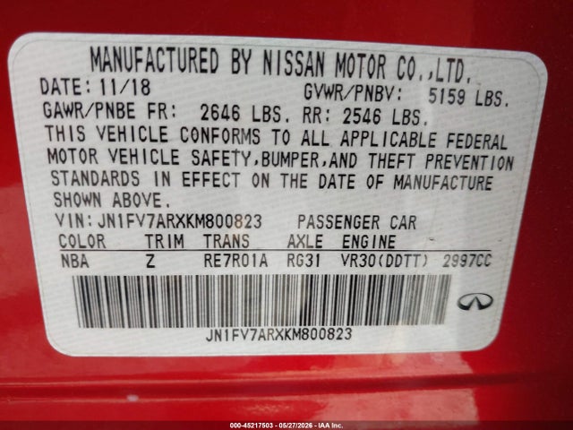 Aukcja sprzedaży 2019 Infiniti Q50 3.0t Red Sport 400, vin: JN1FV7ARXKM800823, numer aukcji: 45217503