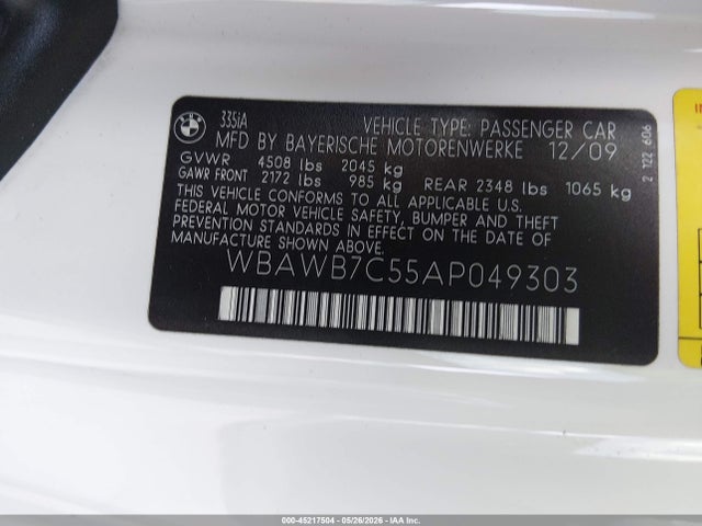 Aukcja sprzedaży 2010 Bmw 335i, vin: WBAWB7C55AP049303, numer aukcji: 45217504